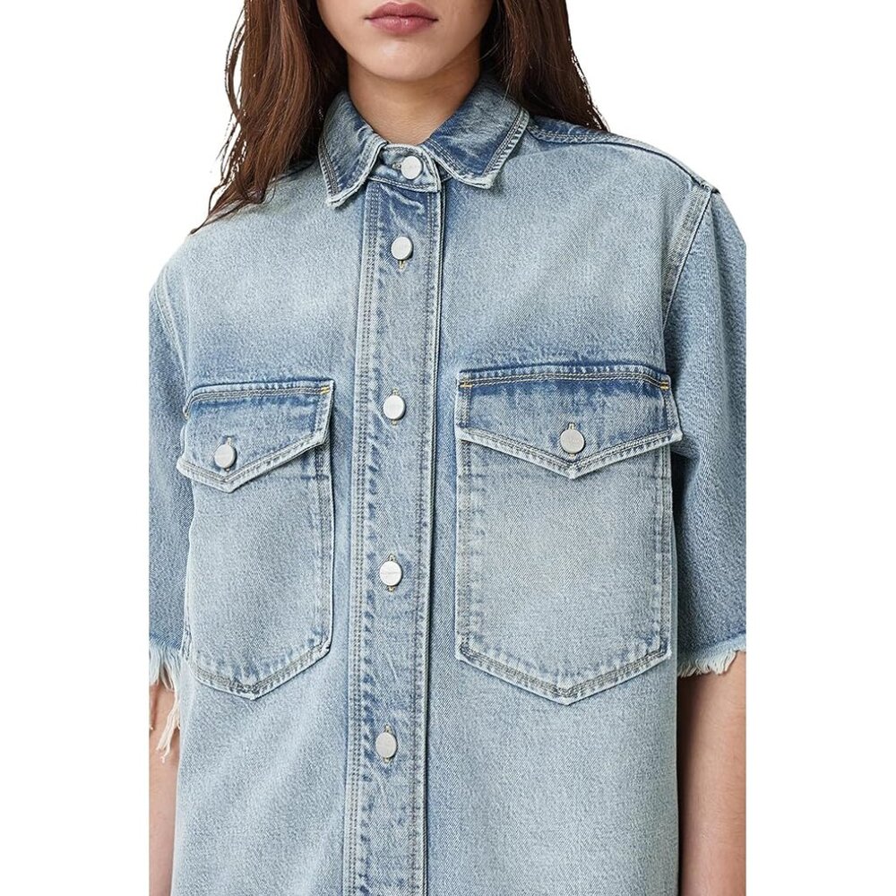 AllSaints Faye Frayed Short Sleeve Mini Denim Dress Jean Raw Edge Button Up - Picture 4 of 14
